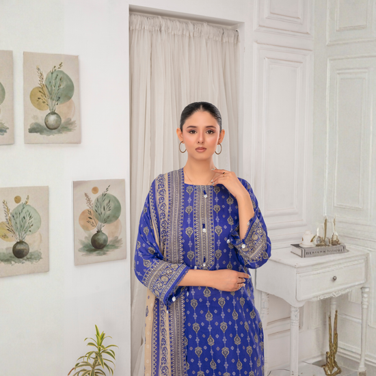Popus by MGM Textiles – "Cobalt Opulence" Stitched 3-Piece Printed Lawn Suit