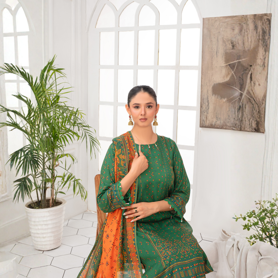 Popus by MGM Textiles – "Emerald Sunset" Stitched 3-Piece Printed Lawn Suit