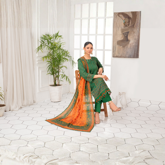 Popus by MGM Textiles – "Emerald Sunset" Stitched 3-Piece Printed Lawn Suit