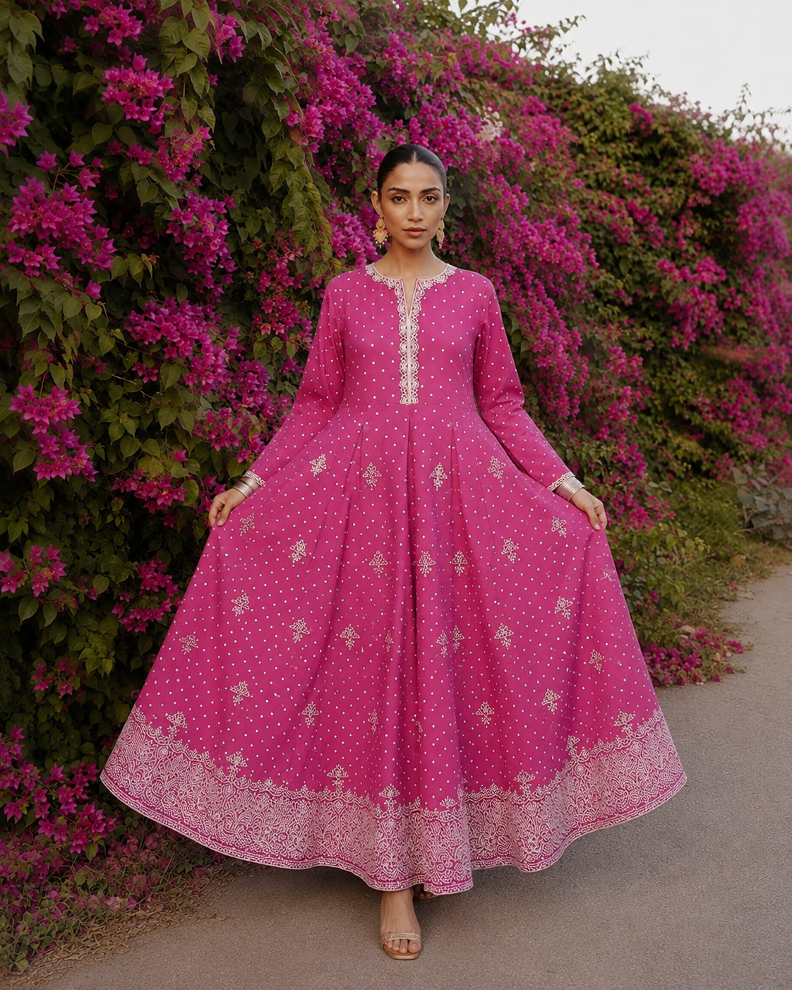 Popus – Magenta Bloom Stitched 2-Piece Cotton Lawn Maxi
