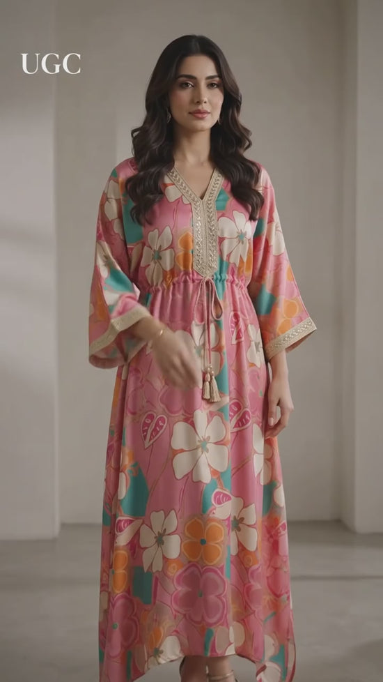 POPUS by MGM Textile – Blush Coral Floral Silk Kaftan Set