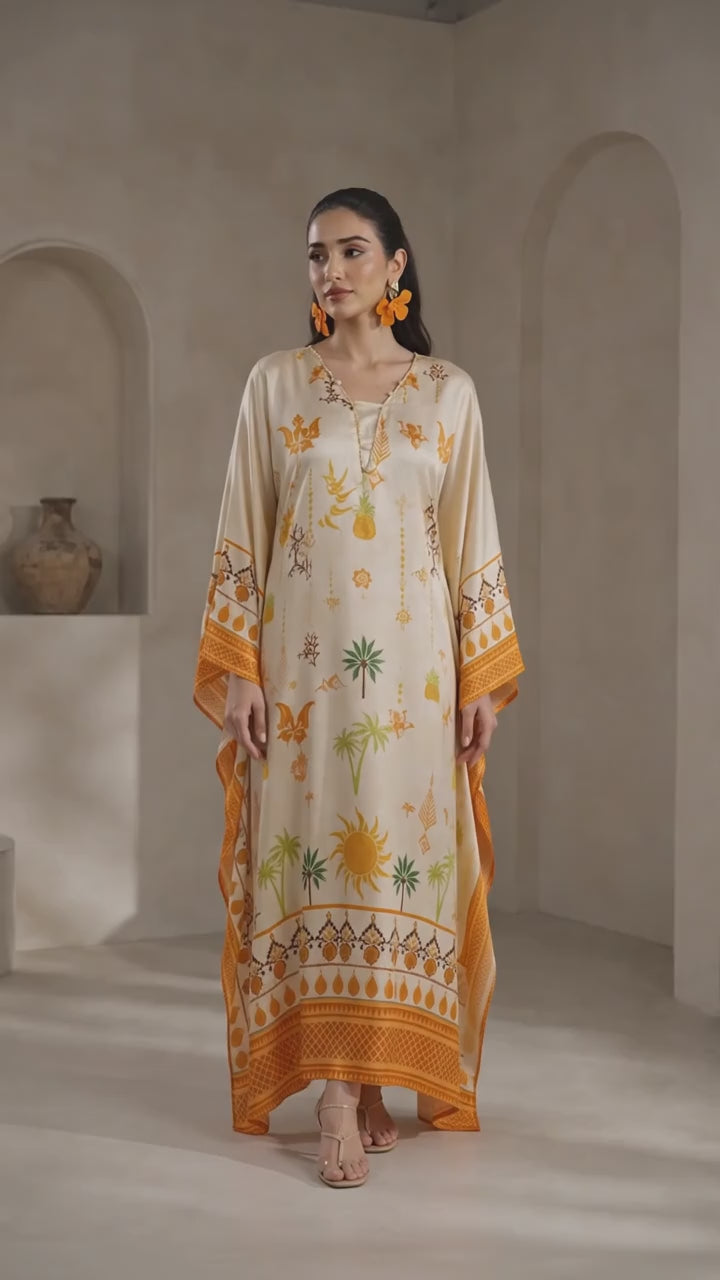 POPUS by MGM Textile – Saffron Sun Printed Silk Kaftan 2-Piece