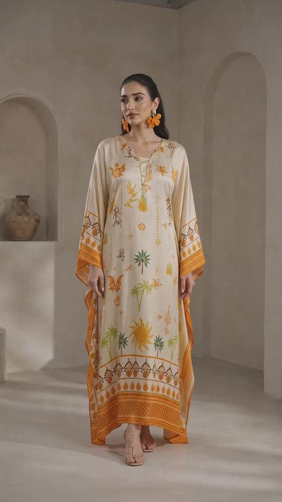 POPUS by MGM Textile – Saffron Sun Printed Silk Kaftan 2-Piece