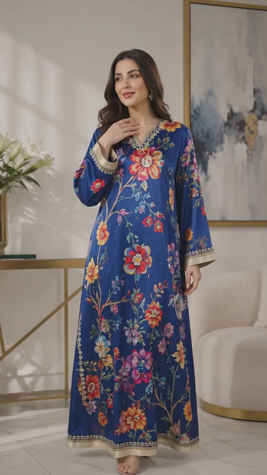 POPUS by MGM Textile – Royal Blue Floral Silk Kaftan Set