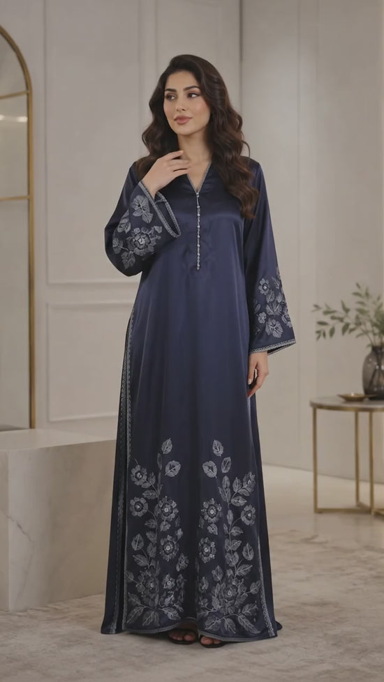 POPUS by MGM Textile – Midnight Navy Embroidered Silk Kaftan Set
